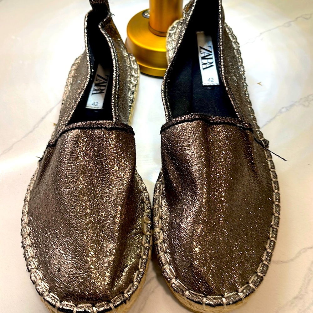 - Zara Metalic Espadrille slip on Metallic Flats Shoes Esparto Espadrilles